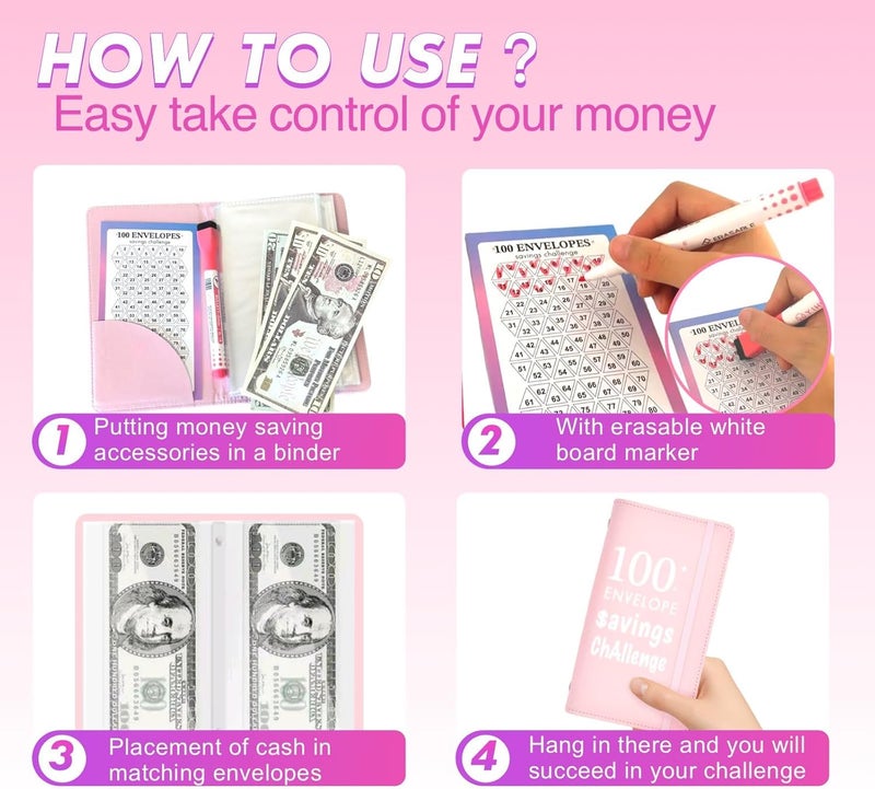 gusutide 100 Envelope Savings Challenge Binder, Money Saving Binder with Cash Envelopes, from 30 Days to 52 Weeks, to Save $500,$5,050 and $10,000, back to school supplies,gift for children (light pink-A6) - Image 4